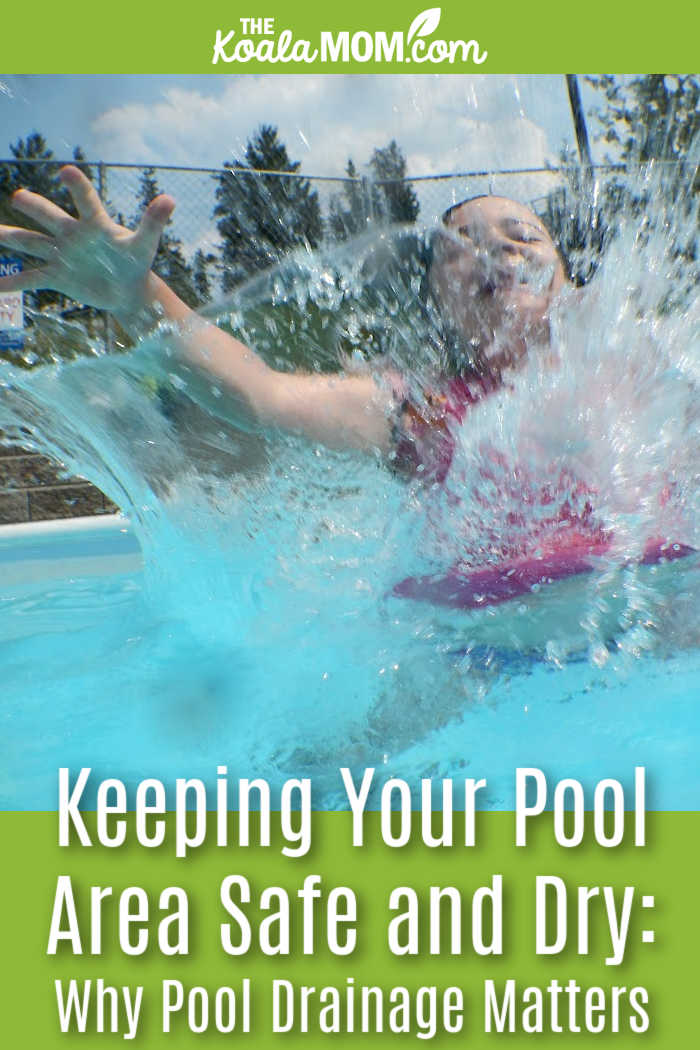 Keeping Your Pool Area Safe and Dry: Why Pool Drainage Matters. Photo of girl in a pink bathing suit splashing into a pool by Bonnie Way.