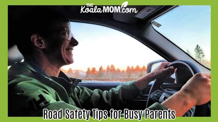 Road Safety Tips for Busy Parents. Photo of Bonnie Way driving on highway by one of her kids.