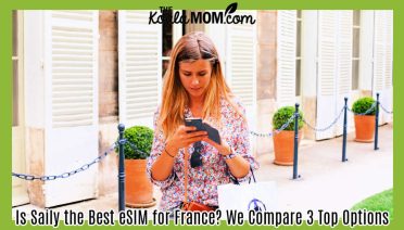 Is Saily the Best eSIM for France? We Compare 3 Top Options. Photo of woman standing in front of chic white shutters with a shopping bag over her arm, looking at her phone, by Pixabay.