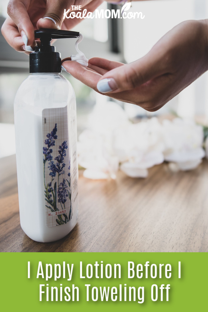 I Apply Lotion Before I Finish Toweling Off. Close-up photo of hands using a lavender-labeled lotion pump indoors by Los Muertos Crew via Pexels.