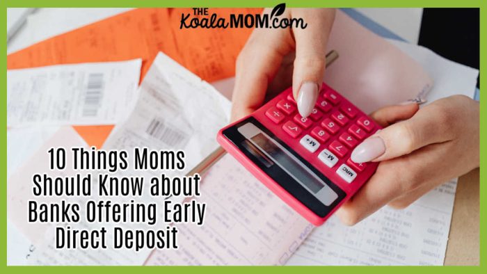 10 Things Moms Should Know about Banks Offering Early Direct Deposit. Woman's manicured hands using a pink calculator to manage expenses amidst various receipts and documents. Photo by https://kaboompics.com/ via Pexels.