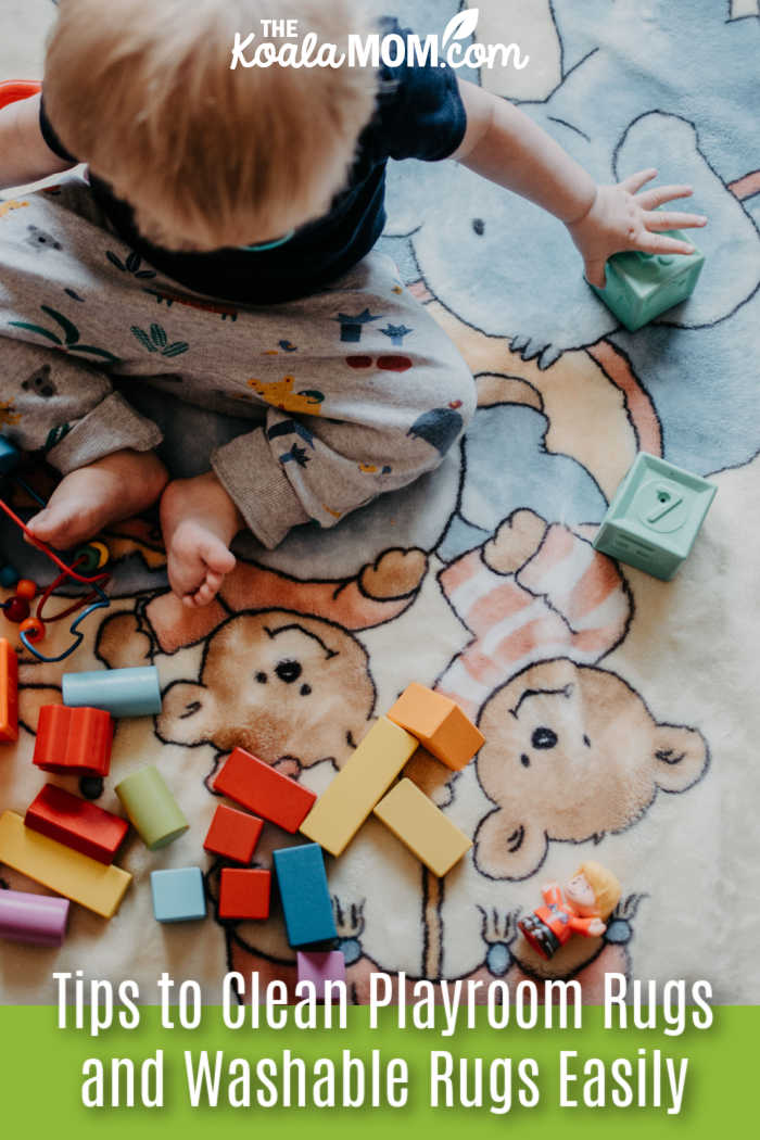 Tips to Clean Playroom Rugs and Washable Rugs Easily. Photo of toddler looking at blocks scattered on a cute bear rug by Lisa Fotios via Pexels.