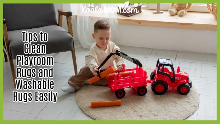 Tips to Clean Playroom Rugs and Washable Rugs Easily. Photo of toddler sitting on a round, fuzzy rug playing with a red construction truck by Polesie Toys via Pexels.