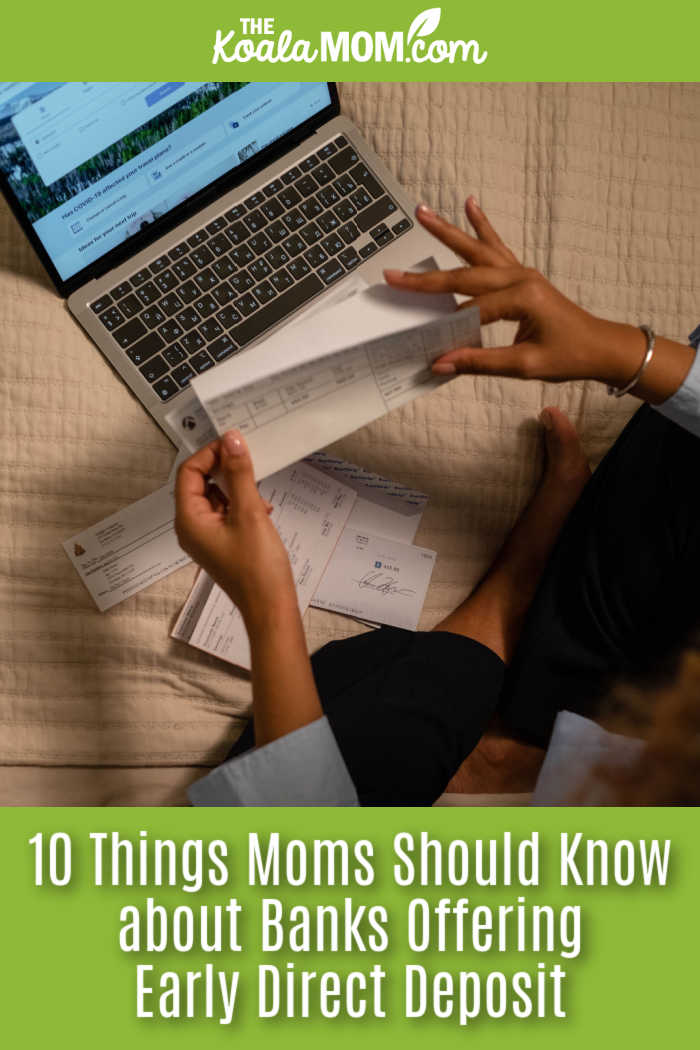 10 Things Moms Should Know about Banks Offering Early Direct Deposit. Woman holding checks while managing finances on a laptop, showing online banking on the screen. Photo by cottonbro studio via Pexels.