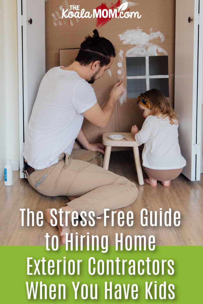 The Stress-Free Guide to Hiring Home Exterior Contractors When You Have Kids. Photo of dad making a cardboard house with his toddler daughter by Tatiana Syrikova via Pexels.