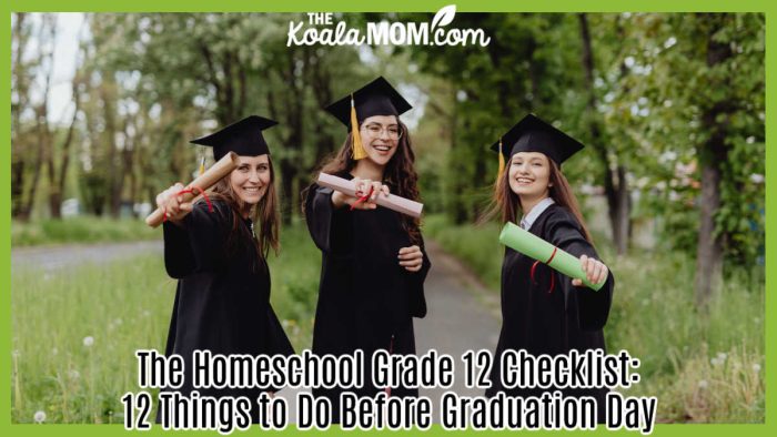 The Homeschool Grade 12 Checklist: 12 Things to Do Before Graduation Day. Photo of three girls in black grad gowns and caps holding their diplomas towards the camera while smiling by https://kaboompics.com/ via Pexels.