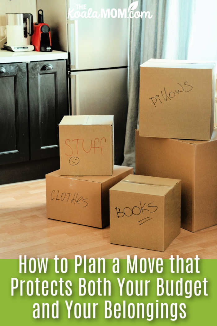 How to Plan a Move that Protects Both Your Budget and Your Belongings. Photo of a stack of moving boxes in a kitchen, labelled "books", "clothes," "stuff," "pillows" by cottonbro studio via Pexels.
