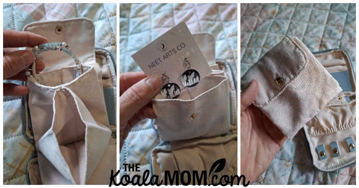 Collage of jewelry pouches holding bracelets and earrings. Photos by Bonnie Way.