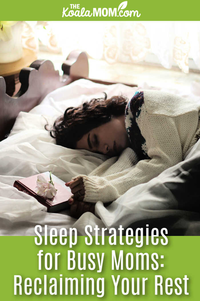 Sleep Strategies for Busy Moms: Reclaiming Your Rest. Photo of woman sleeping in white bedding with book beside her and white curtains behind by Zohre Nemati via Unsplash.