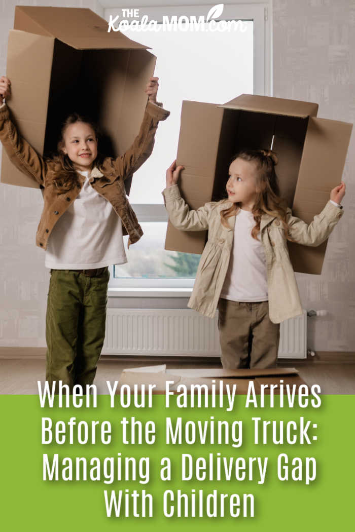 When Your Family Arrives Before the Moving Truck: Managing a Delivery Gap With Children. Photo of two girls in empty house holding cardboard boxes above themselves by Alena Darmel via Pexels.