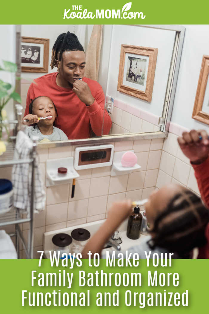7 Ways to Make Your Family Bathroom More Functional and Organized. Photo of black dad and daughter brushing their teeth together in a small bathroom by Mizuno K via Pexels.