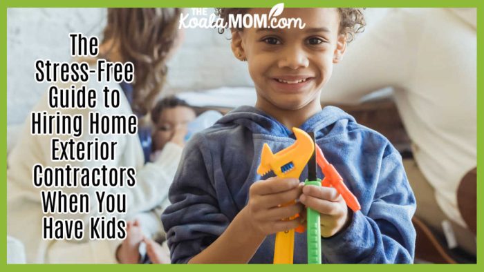 The Stress-Free Guide to Hiring Home Exterior Contractors When You Have Kids. Photo of boy holding a set of plastic tools while smiling by Keira Burton via Pexels.