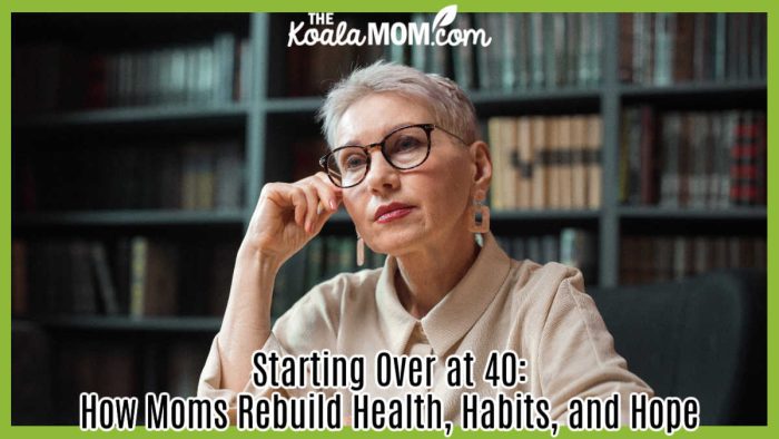 Starting Over at 40: How Moms Rebuild Health, Habits, and Hope. A reflective woman sitting at a desk in a library, surrounded by bookshelves, wearing glasses and earrings. Photo by Ron Lach via Pexels.