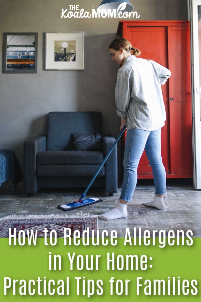 How to Reduce Allergens in Your Home: Practical Tips for Families. Photo of woman wet mopping her living room floor by Polina Tankilevitch via Pexels.