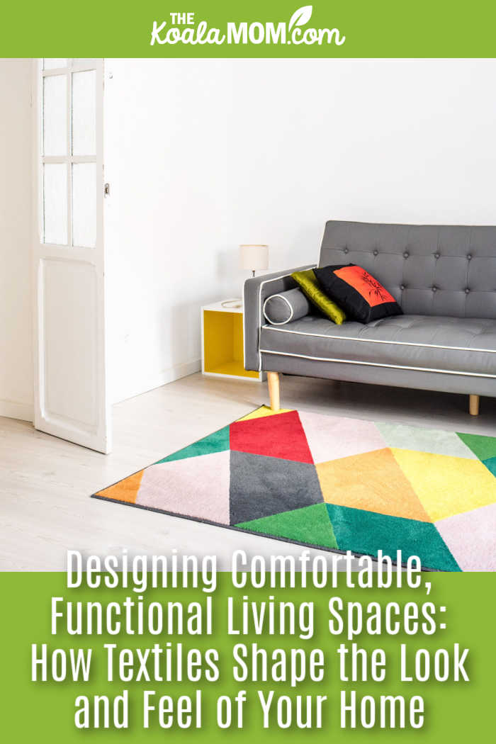 Designing Comfortable, Functional Living Spaces: How Textiles Shape the Look and Feel of Your Home. Stylish minimalist living room featuring a colorful geometric rug and a cozy grey sofa for a chic home interior. Photo by Ksenia Chernaya via Pexels.