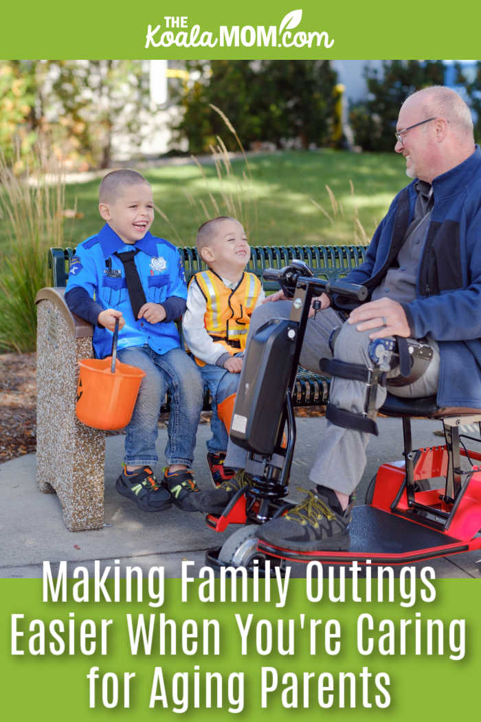 Making Family Outings Easier When You're Caring for Aging Parents. Photo of an older man sitting in a mobility device, talking to his two grandsons sitting on a nearby bench, by Amigo Mobility via Pexels.