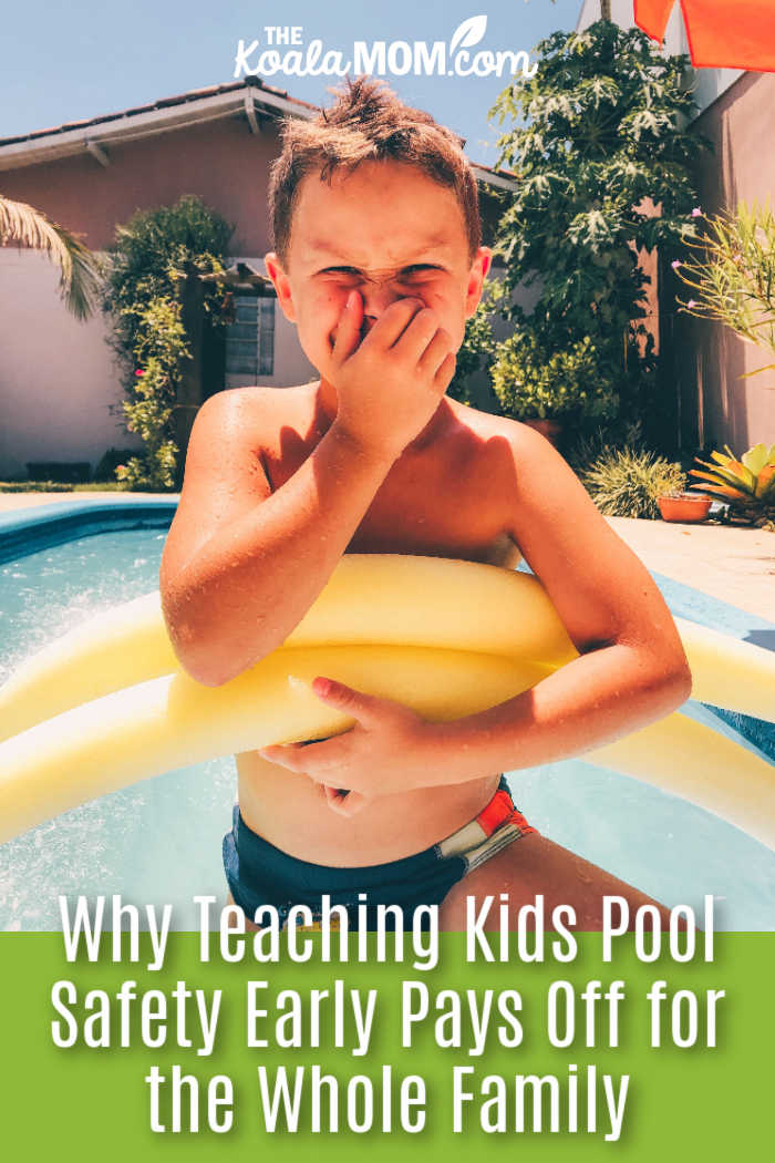 Why Teaching Kids Pool Safety Early Pays Off for the Whole Family. A young boy smiling playfully with a pool float on a sunny day outdoors. Photo by Camila Gomes via Pexels.