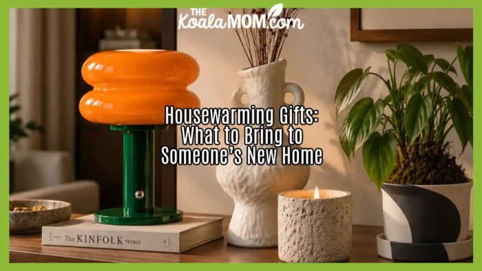 Housewarming Gifts: What to Bring to Someone’s New Home. Stock photo of orange lamp, book and other decor on side table.