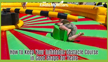 How to Keep Your Inflatable Obstacle Course in Good Shape for Years. Photo of boy ducking under swinging post on yellow, green and red infalatable obstacle course by Bonnie Way.
