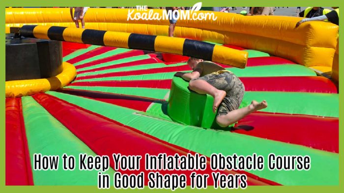 How to Keep Your Inflatable Obstacle Course in Good Shape for Years. Photo of boy ducking under swinging post on yellow, green and red infalatable obstacle course by Bonnie Way.