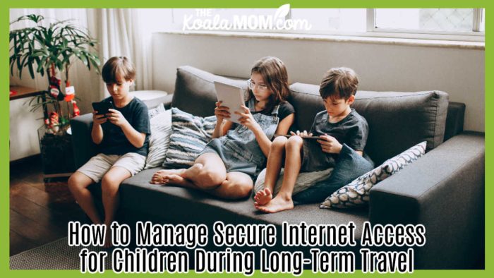 How to Manage Secure Internet Access for Children During Long-Term Travel. Three kids sit on a grey couch using their devices. Photo by Helena Lopes via Pexels.
